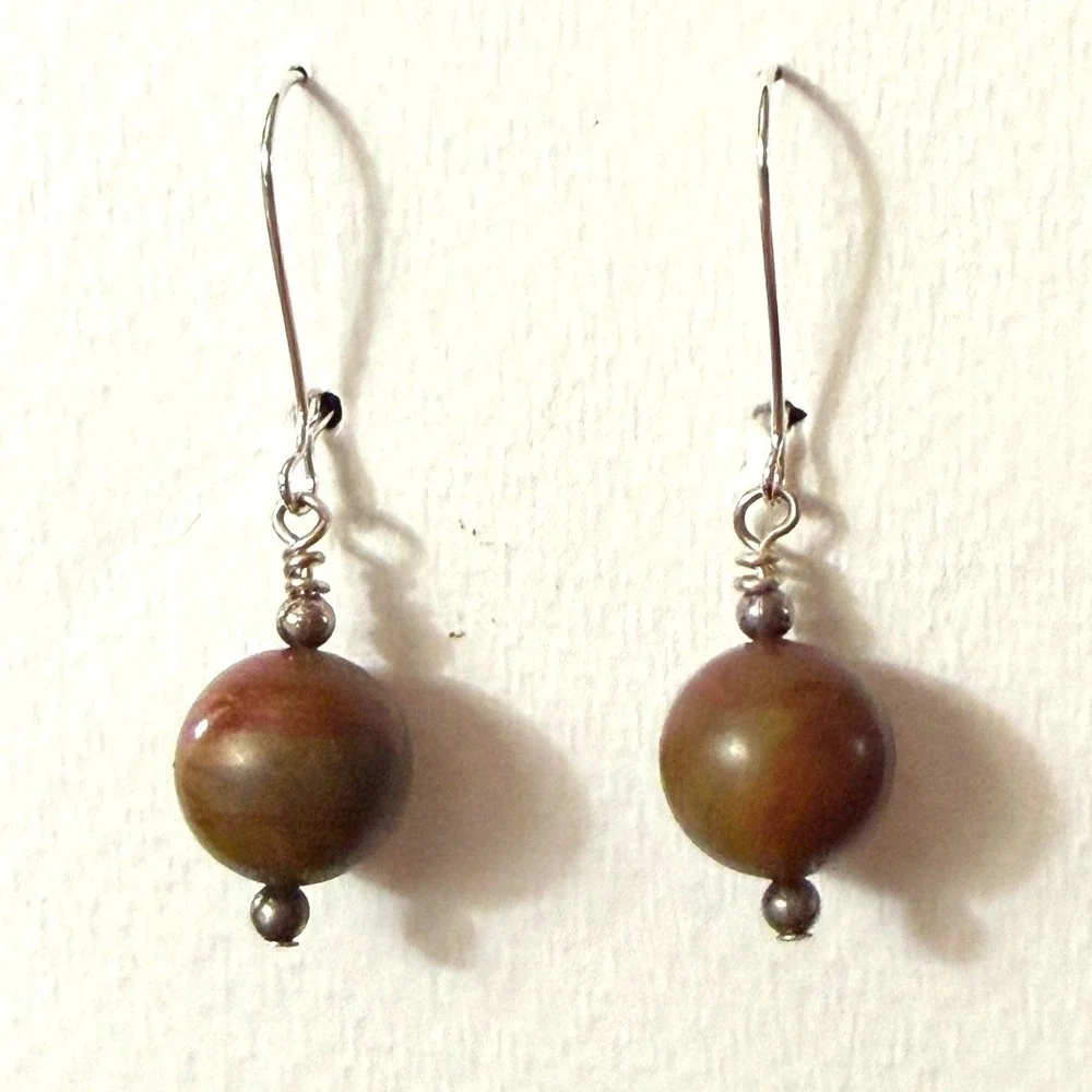 Chinese Writing Stone Earring Artisan Gemstone Silver tone Stephanie Aune Artist